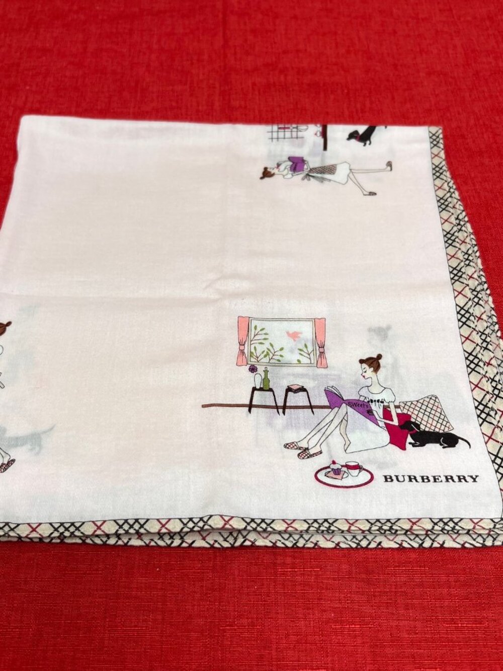 Burberrys Mini Scarf cotton 19.5" ligh pink beic=ge novacheck dogs and girl (87 - Picture 7 of 10